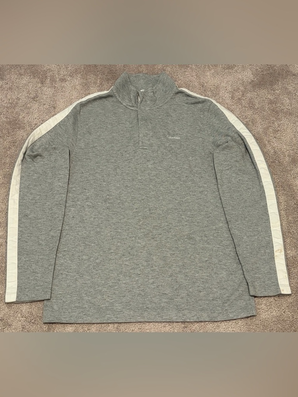 Calvin Klein Men's Gray 1/4 Zip Pullover Sweater Size Medium White Stripe